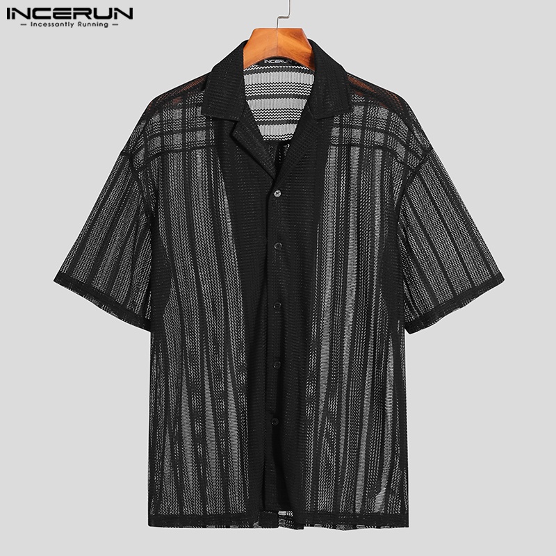 Áo sơ mi INCERUN tay ngắn cổ chữ v phối lưới phong cách thời trang cho nam