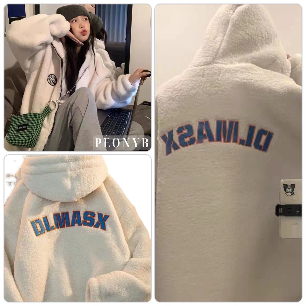 Áo khoác lông cừu chữ lưng Dlmasx Unisex [FREESHIP] Hoodie zip form rộng tay phồng kiểu dáng cá tính hàn quốc peonyb