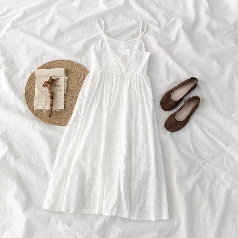 🌿 Đầm 2 dây trắng thêu hoa dáng xòe ulzzang 🔥