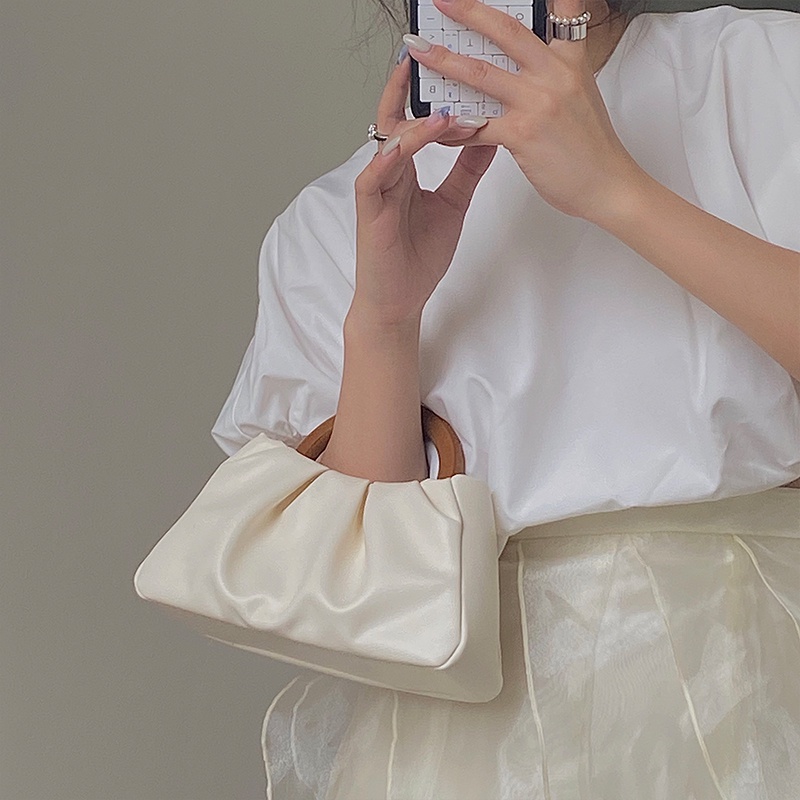 Túi Đeo Chéo Mini Hình Đám Mây Xếp Ly Tay Cầm Bằng Gỗ Cho Nữ