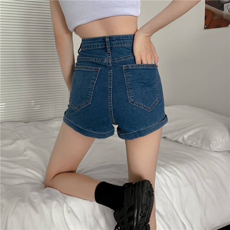 Quần Short Skinny Jean Lưng Cao Màu Sắc Trơn Siêu Co Dãn