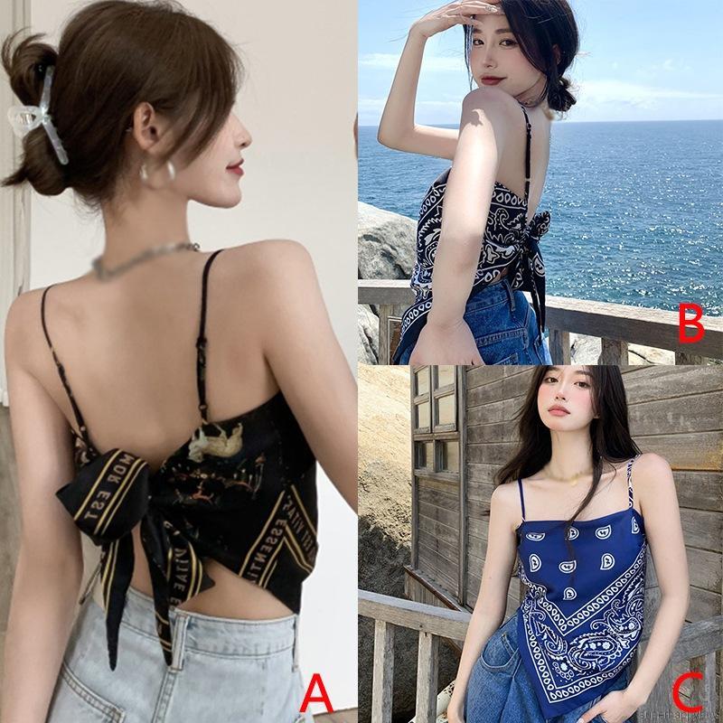 Áo crop top hai dây hở lưng thắt nơ bất đối xứng ôm dáng in họa tiết phong cách retro quyến rũ cho nữ
