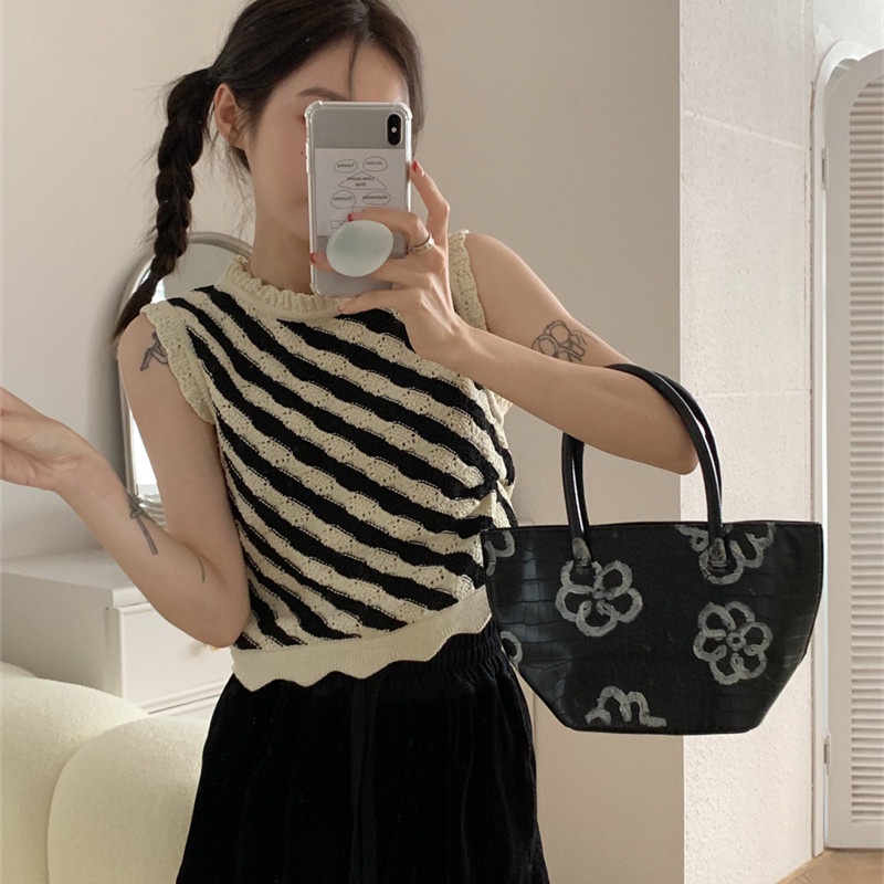 Áo Dệt Kim Sát Nách Kẻ Sọc Thời Trang Ngọt Ngào Cho Nữ