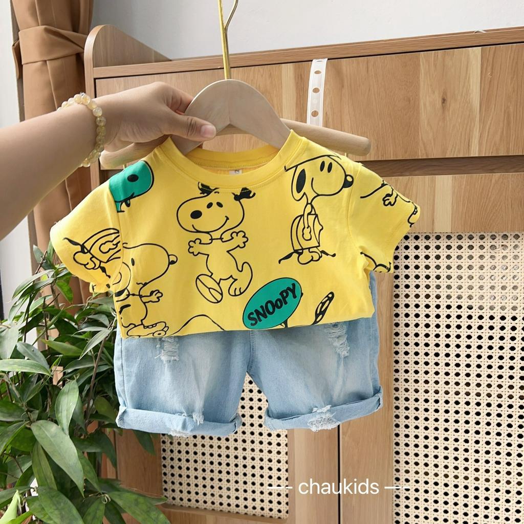 Bộ Quần Áo Cho Bé Trai, Bé Gái Cotton Quần Jeans Họa Tiết SNOOPY Dễ Thương, Đồ Bộ Cho Bé Mặc Đi Chơi Đi Học CK342