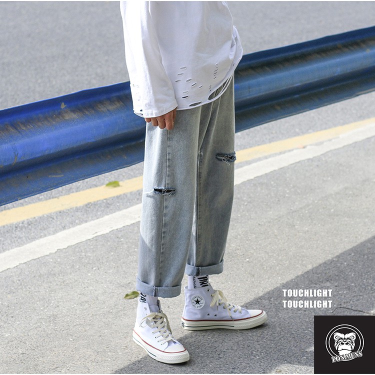 [xả kho lẻ size] Quần jean ống rộng nam nữ unisex màu xanh ghi rách 2 bên 653 Pon.mens | BigBuy360 - bigbuy360.vn