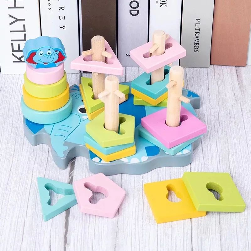 Đồ chơi thả hình Montessori 5 trụ con voi dễ thương bằng gỗ cho bé thông minh Kumi toys