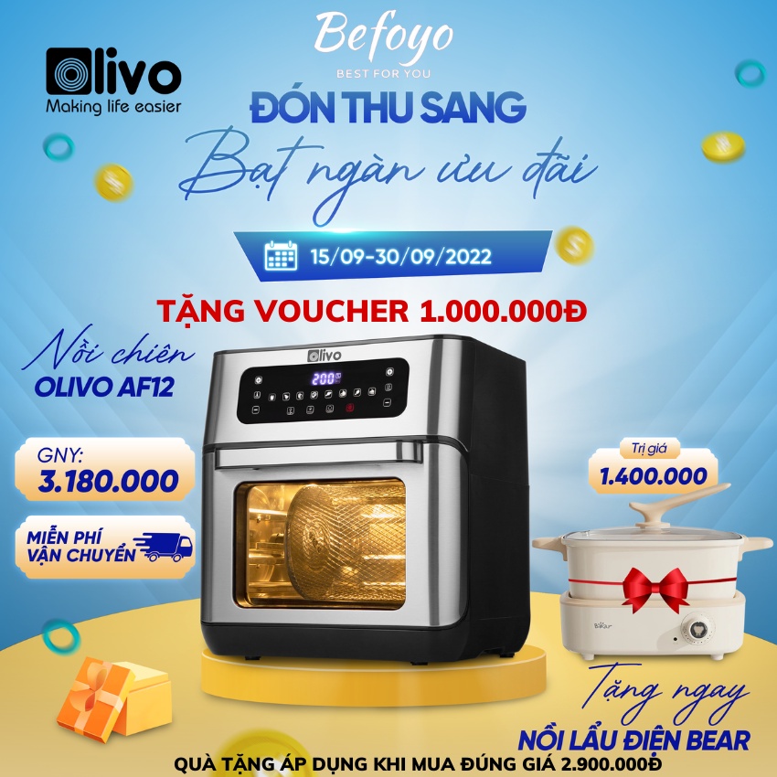 Nồi chiên không dầu Olivo AF12 Thương hiệu Mỹ - dung tích 12L - 8 chức năng - chiên gà nguyên con - bảo hành 24 tháng