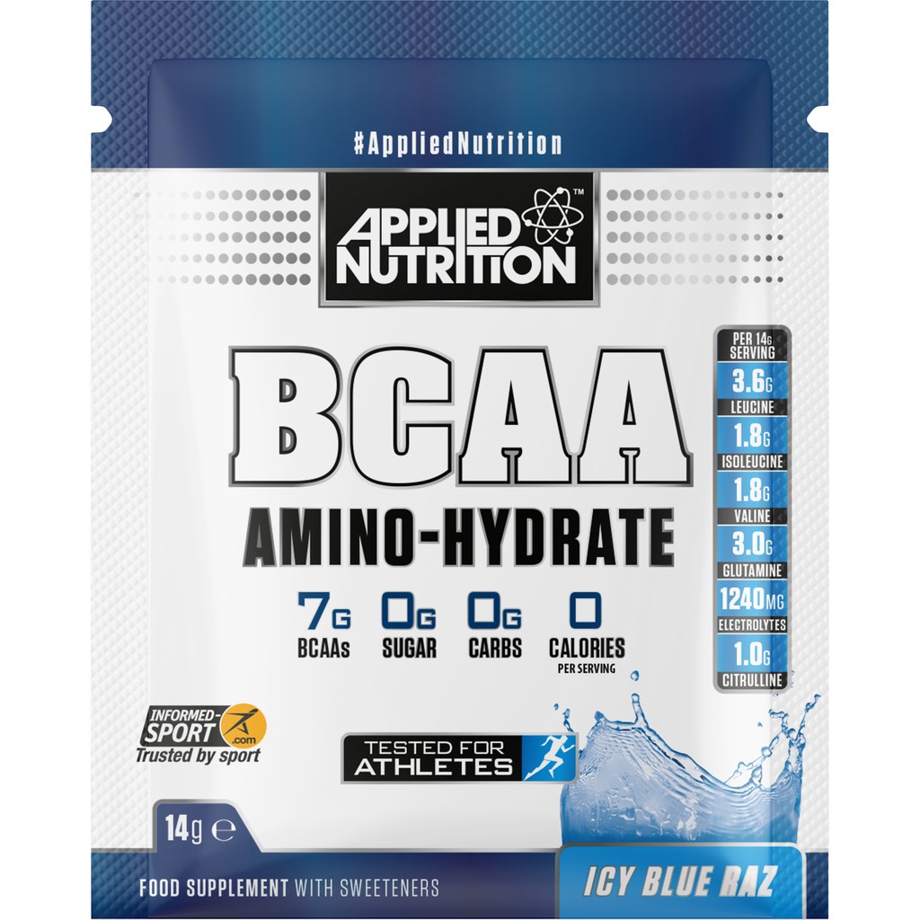 BCAA gói Amino Hydrate 1 Serving Applied Nutrition phục hồi, hỗ trợ tăng cơ dùng với whey protein, rule 1 protein, pre