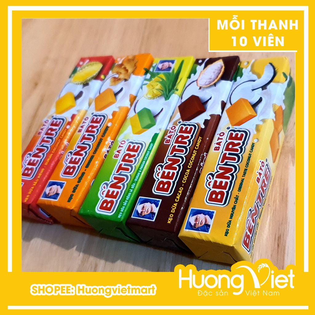 Kẹo dừa Bến Tre Hai Tỏ 5 vị khác nhau 1 THANH 10 VIÊN, kẹo dừa gia truyền thương hiệu nổi tiếng