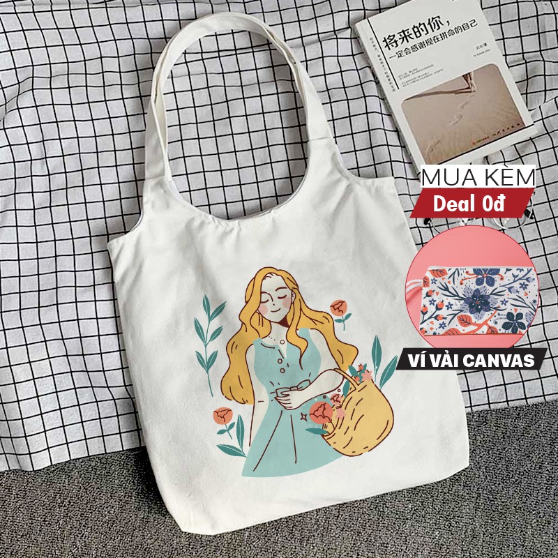 Túi tote túi vải canvas phong cách Hàn quốc, có khóa miệng tiện dụng Cô Gái Tóc Vàng