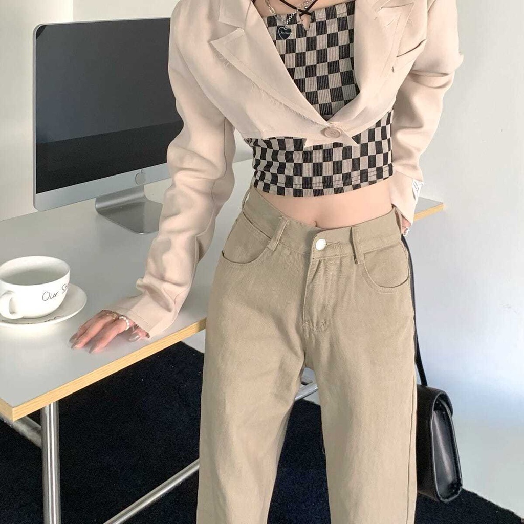 Quần jean dài SUXI ống rộng lưng cao màu sắc đơn giản thời trang Hàn Quốc cho nữ