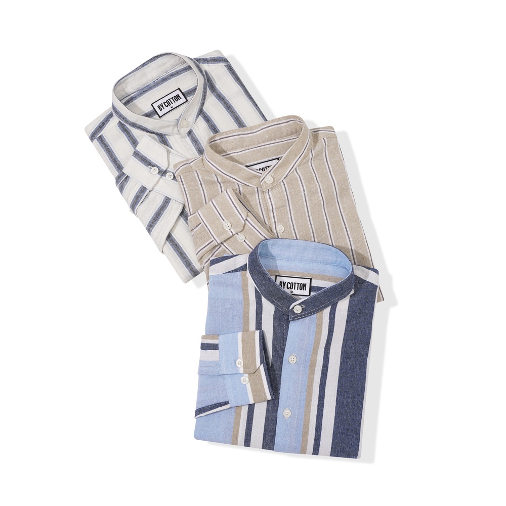 Áo Sơ Mi Nam Dài Tay Phối Sọc Nâu Trắng BY COTTON Linen Brown White Stripes Shirt