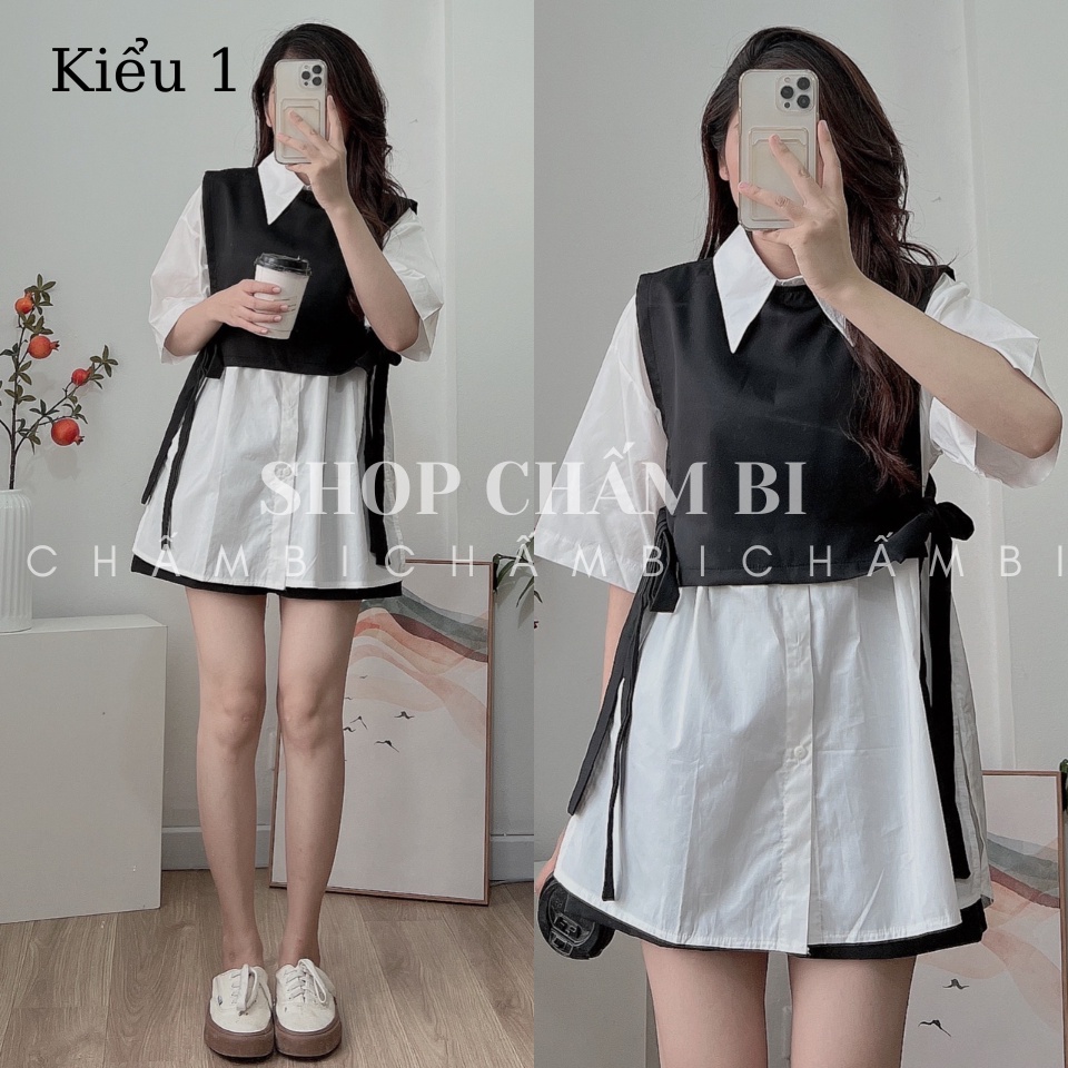 Áo sơ mi nữ tay ngắn A.342, Set áo sơ mi trắng cùng yếm gile đen buộc nơ hông style Hàn Quốc - Thời trang nữ Chấm Bi