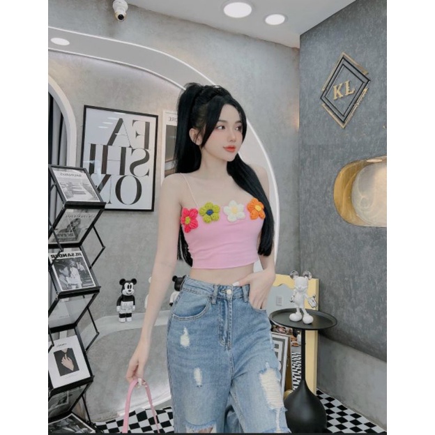 Áo 2 Dây Đính Hoa Len Croptop Thời Trang Nữ Tính
