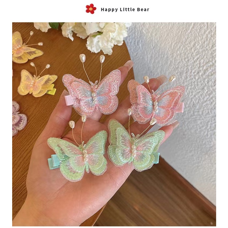 Set 2 Kẹp Tóc Hình Bướm Đính Ngọc Trai Xinh Xắn Cho Bé Gái | Kẹp Chuyển Động Ngọt Ngào Của Cô Gái | Kẹp Tóc Nơ Không Đau Cho Bé Gái