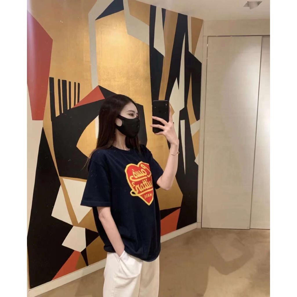 Lv Áo Thun Tay Ngắn Đan Len Họa Tiết Trái Tim Màu Xanh navy Thời Trang Cho Cặp Đôi