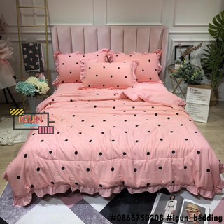 Bộ CHĂN GA GỐI Đũi Trần bông set CHẤM BI HỒNG  4 món Nhập Khẩu