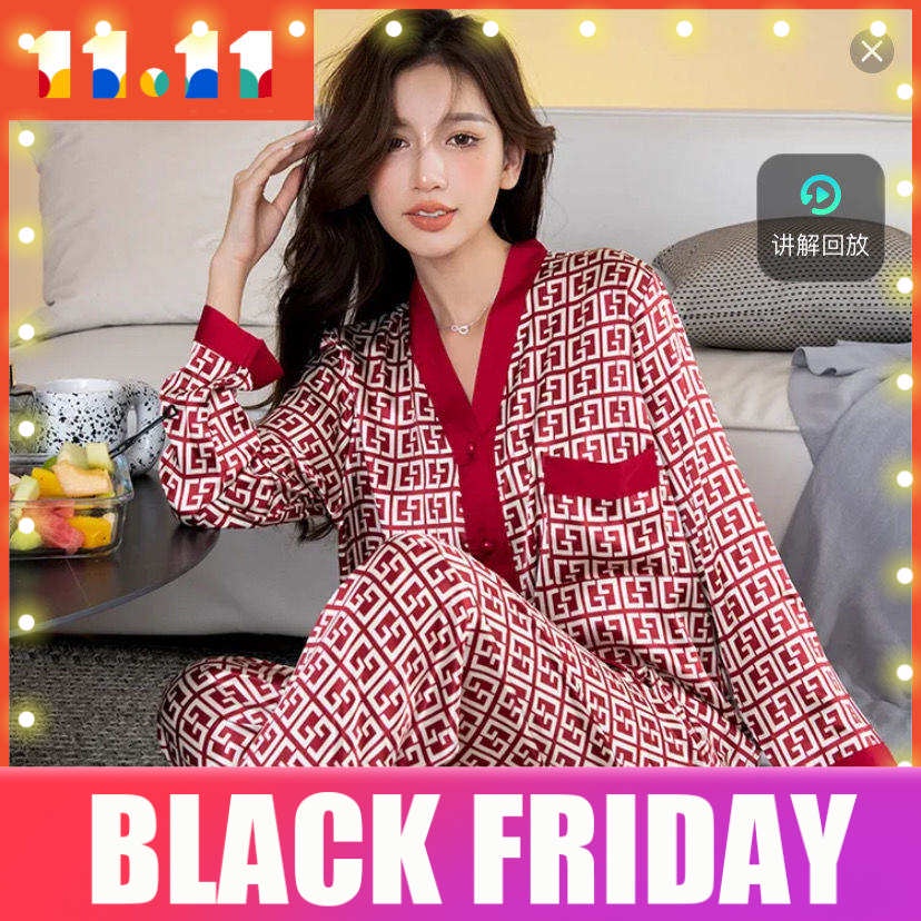 Bộ đồ ngủ tay dài chất lụa băng mỏng cỡ lớn thời trang xuân thu cho nữ