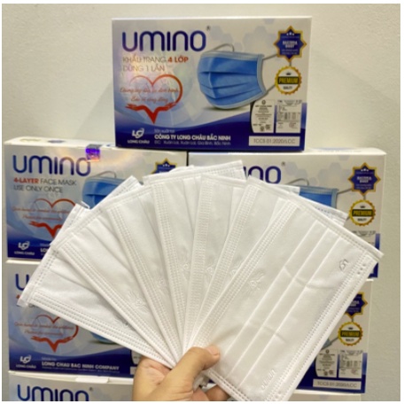 Khẩu Trang Y Tế 4 Lớp UMINO  - Chống Giọt Bắn, Khói bụi - Hộp 50 cái có logo