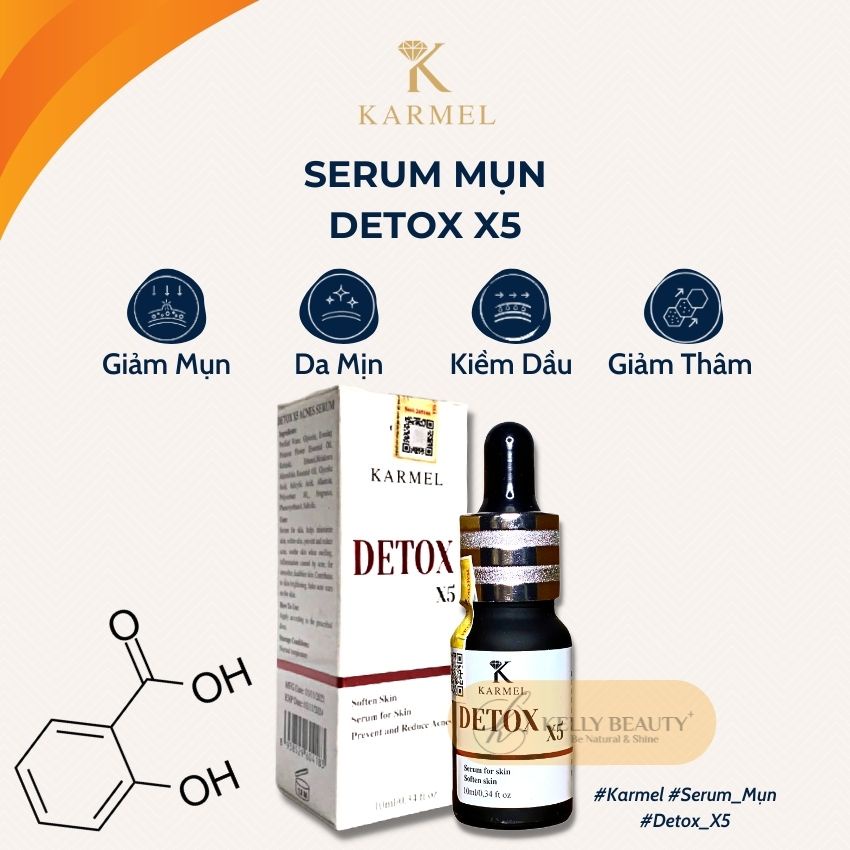 Serum Mụn Detox X5 KARMEL 10ml – Giải Quyết Mụn Ẩn, Đầu Đen; Da Nhiễm Corticoid; Sáng Da, Mờ Thâm Mụn | Kelly Beauty