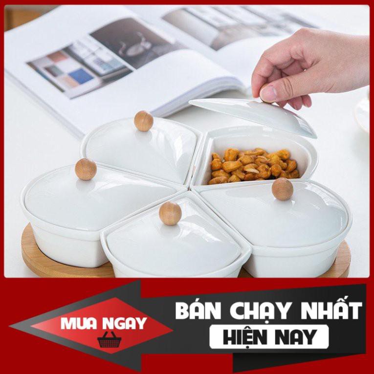 [SP BÁN CHẠY] 💥SIÊU HOT💥 Khay mứt tết / hộp đựng bánh kẹo tết bằng gốm sứ cao cấp kèm đế gỗ