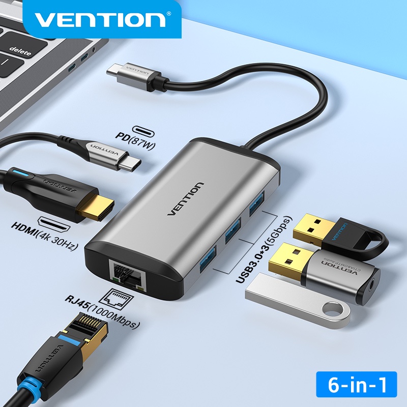 Bộ chuyển đổi hub 6 trong 1 Vention type C to USB3.0 / HDMI / PD / RJ45 6