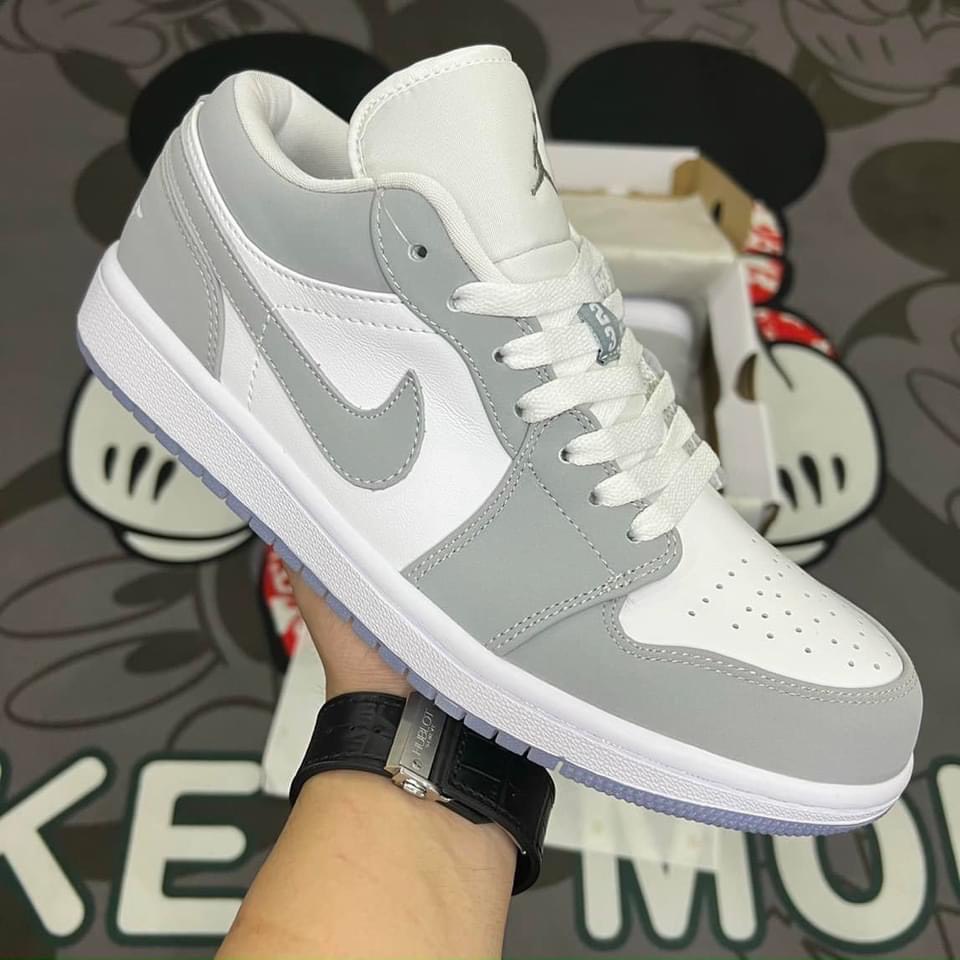 Giày Jordan cổ thấp Xám Trắng đế Tím, Giày JD 1 LowGrey [Full Box+ Freeship]