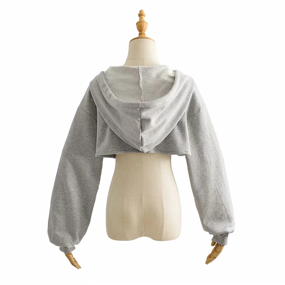 Áo Hoodie Siêu Ngắn Thể Thao Dây Rút Tay Dài Màu Trơn Cho Nữ