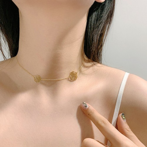 Dây Chuyền Nữ 2 Bông Hoa Kiểu Choker Titan Ko Đen TT 2923