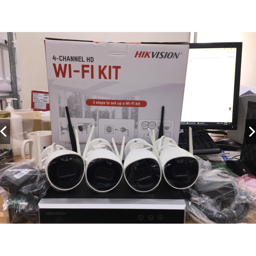 Bộ kit 4 Camera wifi và 1 đầu ghi IP thân trụ 2MP HIKVISION NK42W0H, không dây, có mic