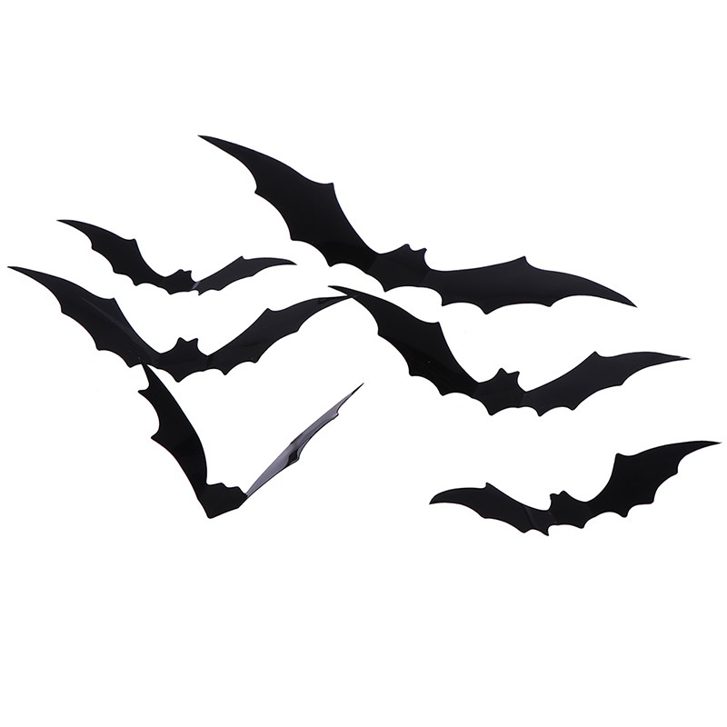 Bộ 12 Sticker Dán Tường Hình Dơi 3D Bằng PVC Màu Đen Trang Trí Halloween