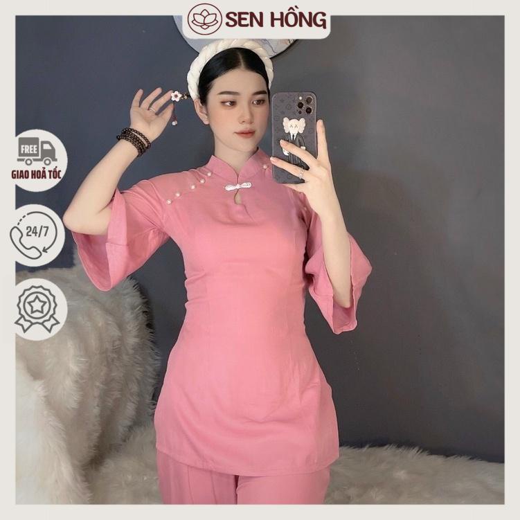 💌 Quần áo đi chùa nữ # pháp phục vải lụa Pháp nhẹ mát # đồ áo lam đi chùa cách tân cổ tàu giọt nước đính cúc ngọc B35