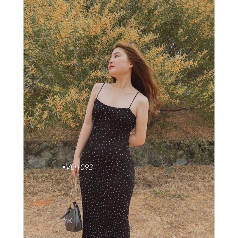 đầm midi 2 dây chấm bi