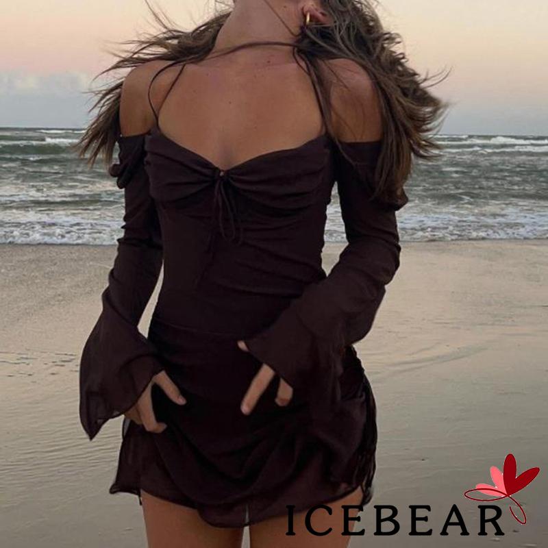 ICE-Women´s Dress Adult Solid Color Long Sleeve Drawstring Pleated Halter Neck Mini Dress