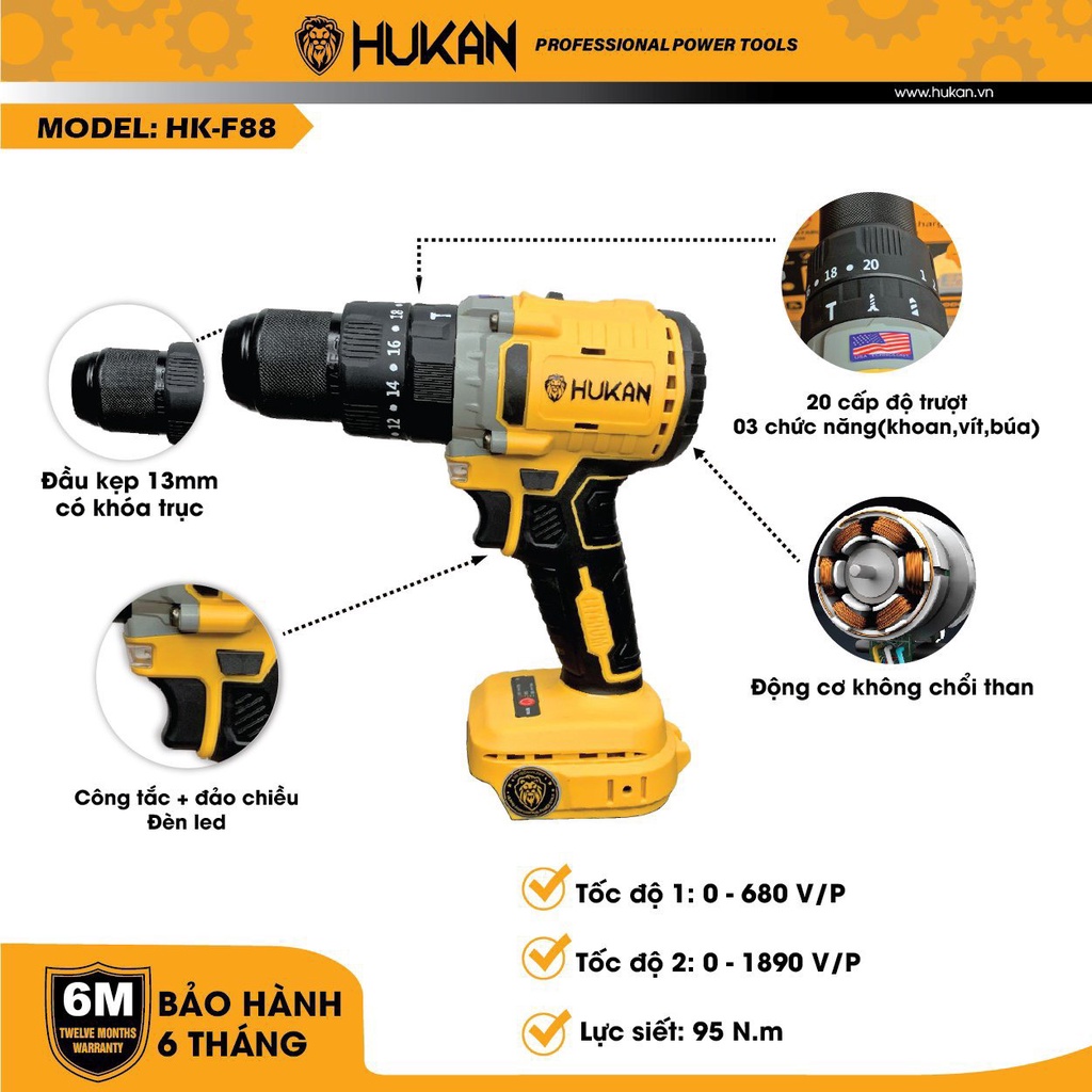 Thân Máy Khoan Pin 3 chức năng có búa Thương hiệu HUKAN F88 Lực Siết 95N.m Chính Hãng