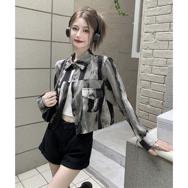 Áo Sơ Mi Ngắn Tay Dài Nhuộm Màu Xám Thiết Kế Mới Phong Cách retro Mỹ Dành Cho Nữ