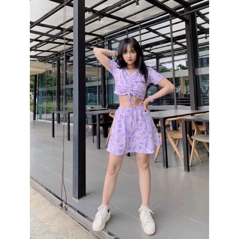 Set áo croptop dây rút kèm chân váy hoạ tiết loang màu cực hot, mặc đi chơi siêu xinh, tôn dáng(kèm ảnh thật)