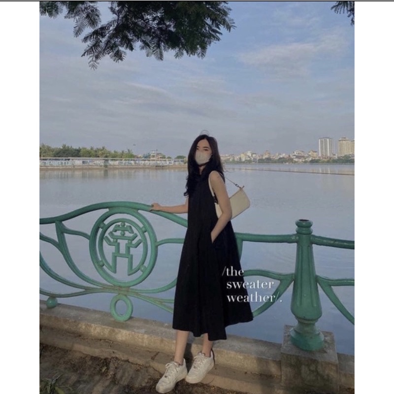 Đầm midi uzzlang xếp li phong cách Hàn Quốc