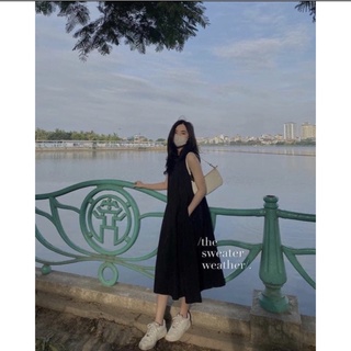 Đầm midi uzzlang xếp li phong cách Hàn Quốc