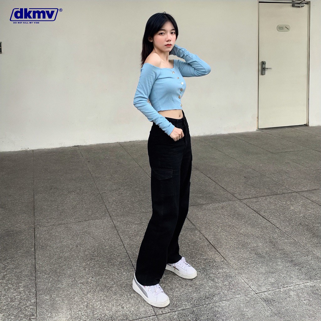 Quần Jean nữ túi hộp lưng cao ống rộng màu đen Don't Kill My Vibe | DKMV Black 2 Box Jean | BigBuy360 - bigbuy360.vn