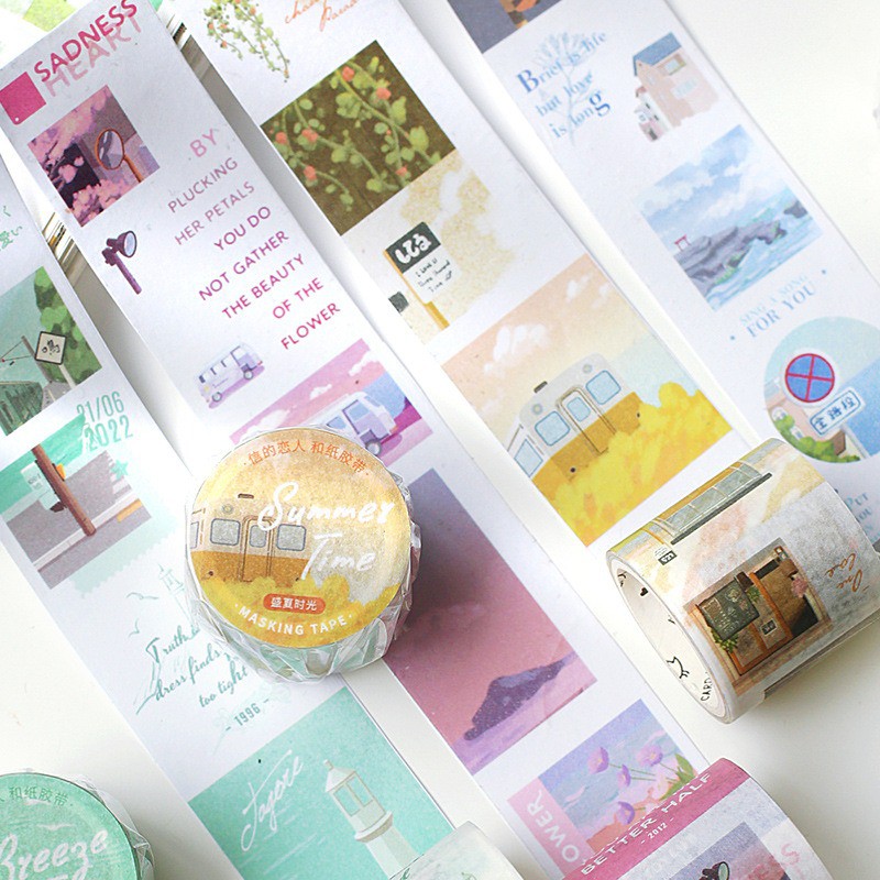 Washi tape vintage phong cảnh aesthetic cuộn washi sticker chiết trang trí sổ tay bullet journal dụng cụ dán planner