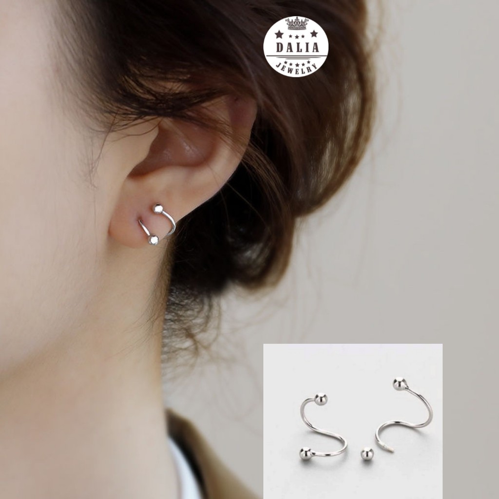 Bông tai bạc ý DaLiA Jewelry dạng xoắn chốt vặn đường cong thu hút, chữ S hai đầu bi tròn