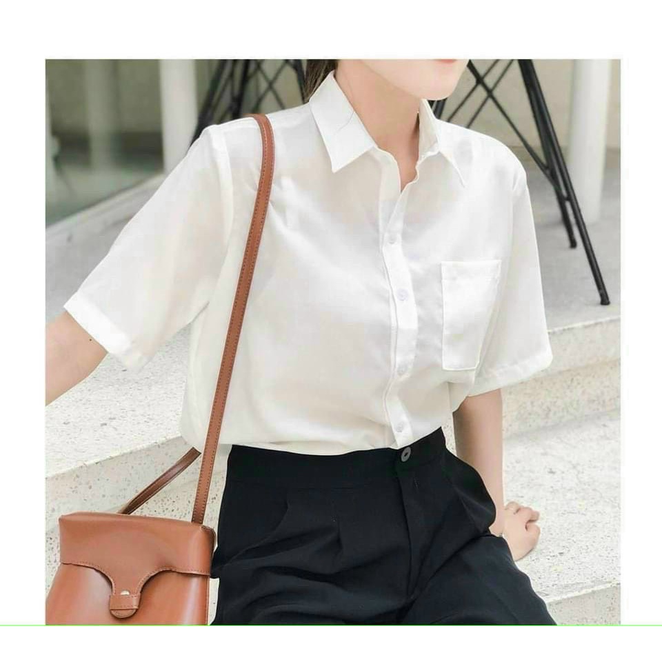 Áo sơ mi nữ trắng tay ngắn có túi trẻ trung | BigBuy360 - bigbuy360.vn