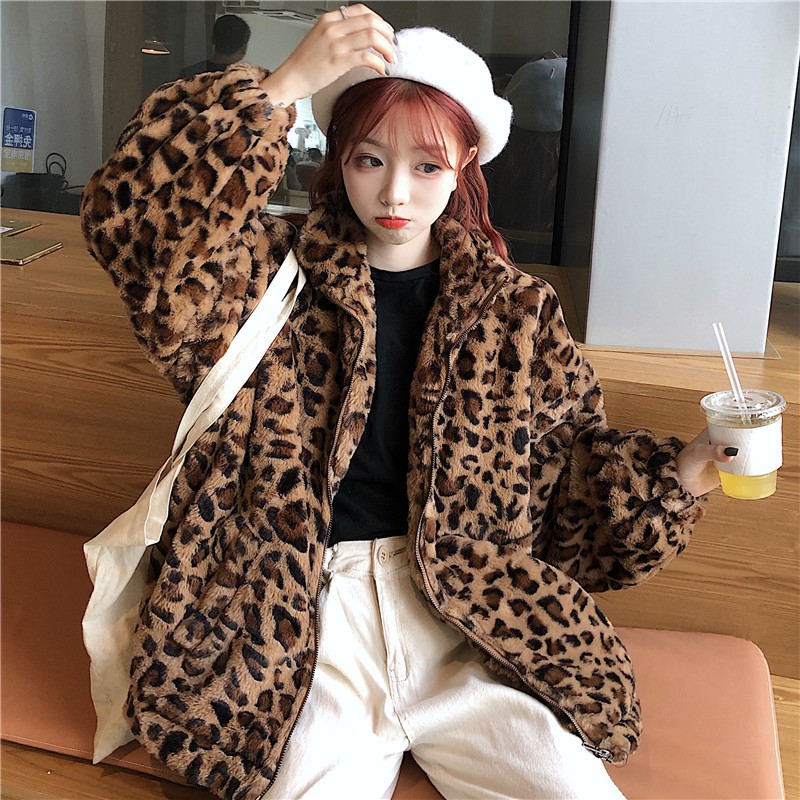 [Có sẵn] Áo khoác lông cừu họa tiết da báo áo khoác cardigan A328