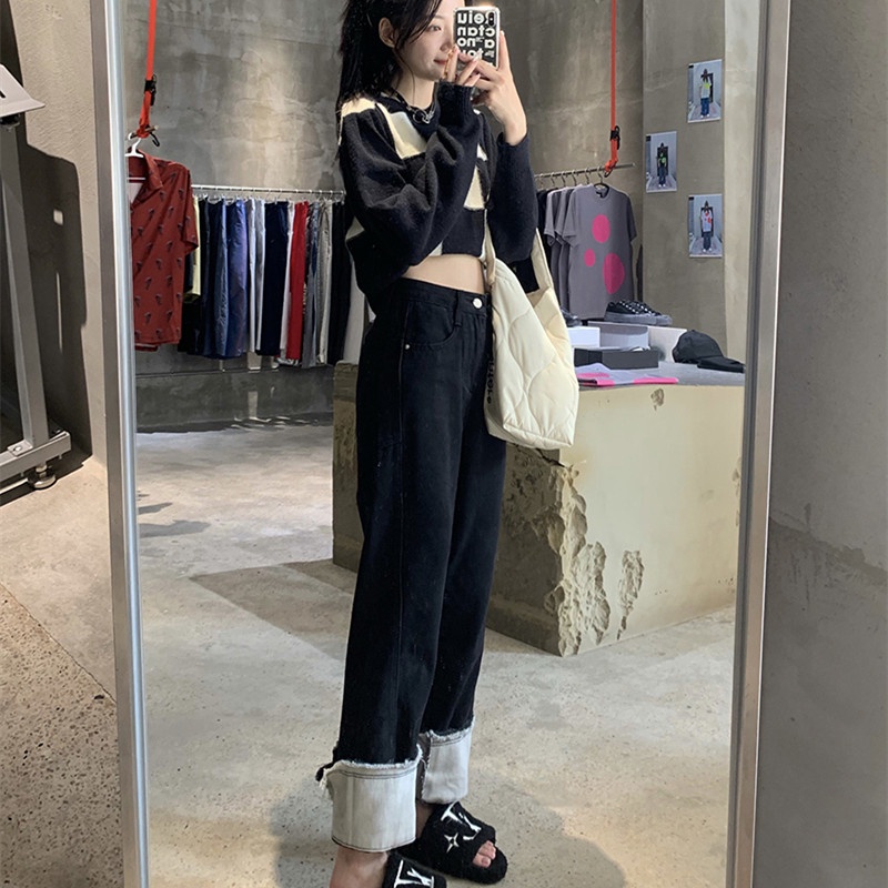 Quần jeans nữ lưng cao ống rộng màu tương phản năng động sành điệu