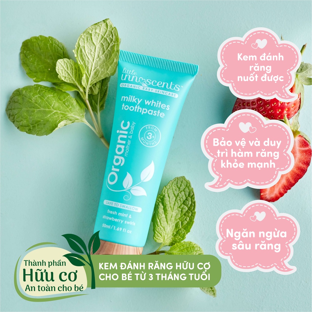 Kem đánh răng hữu cơ nuốt được an toàn cho bé [Đủ bill] Little Innoscents Milky Whites 50ml