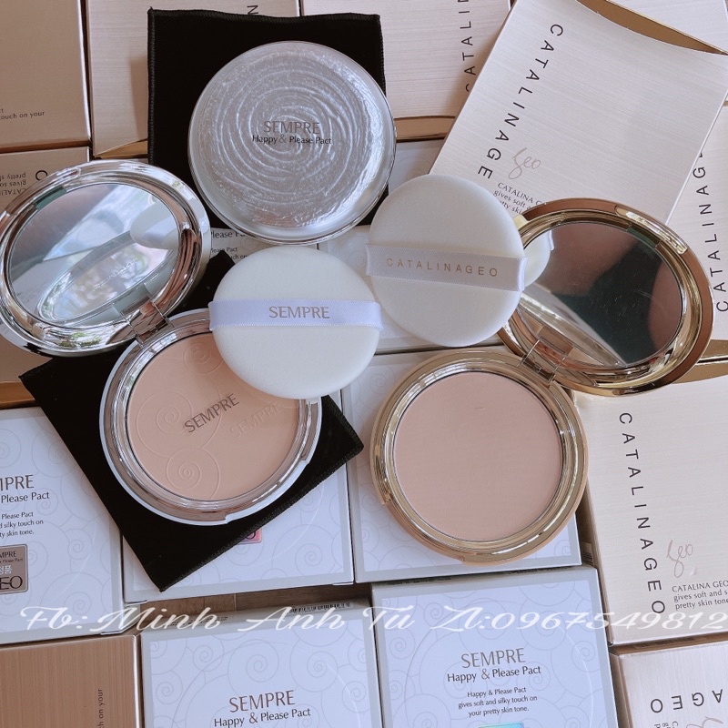 Phấn phủ kiềm dầu Geo Ngọc trai Sempre Happy &amp; Please Pact Hàn Quốc [Chính Hãng]