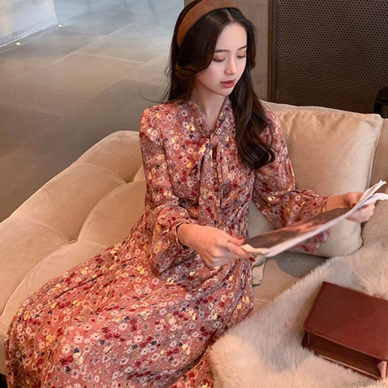 Đầm Tay Dài Chất Chiffon Hoạ Tiết Hoa Thiết Kế Phối Nơ Nữ Tính