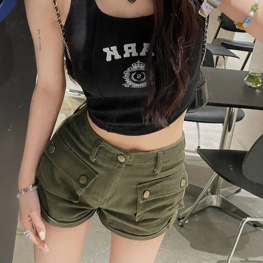 JSC Jiashucheng Quần Short Denim Lưng Cao Dáng Ôm Có Túi Màu Xanh Lá Quân Đội Phong Cách Retro Mùa Hè Cho Nữ