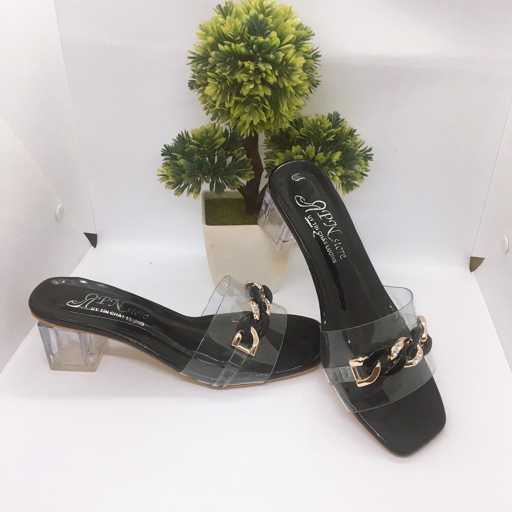 Giày cao gót hở mũi 5cm bản quai trong phối xích thời trang __LZ162